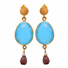 Aqua Chalcedony Smoky Quartz Gemstone 925 Sterling Silver Gold Plated Earrings