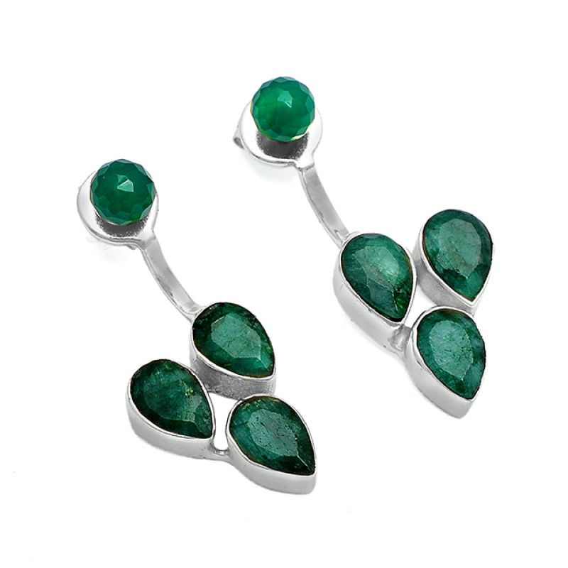 Green Onyx Emerald Gemstone 925 Sterling Silver Gold Plated Stud Earrings