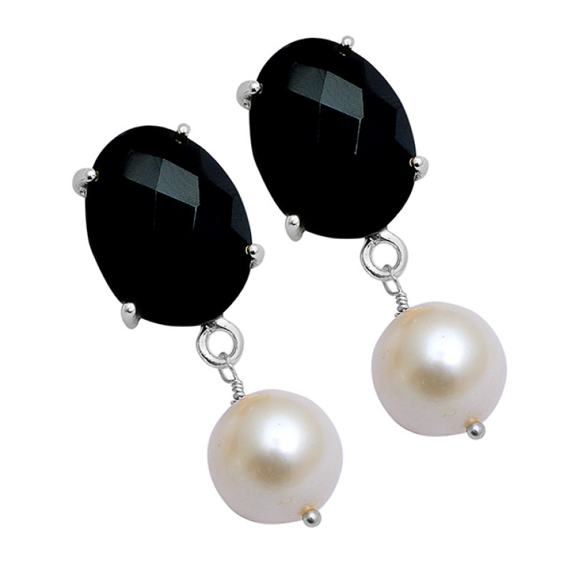 Black Onyx Pearl Gemstone 925 Sterling Silver Gold Plated Dangle Earrings