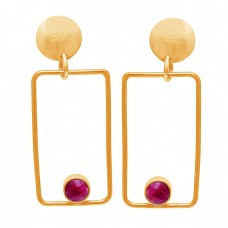 Round Shape Ruby Gemstone 925 Sterling Silver Gold Plated Stud Dangle Earrings