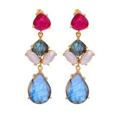 925 Sterling Silver Labradorite Ruby Moonstone Gold Plated Stud Dangle Earrings