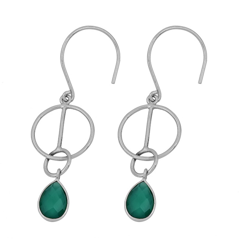 925 Sterling Silver Pear Shape Green Onyx Gemstone Gold Plated Dangle Earrings