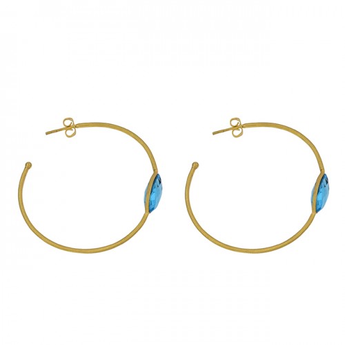 925 Sterling Silver Oval Shape Blue Topaz Gemstone Gold Plated Hoop Earrings
