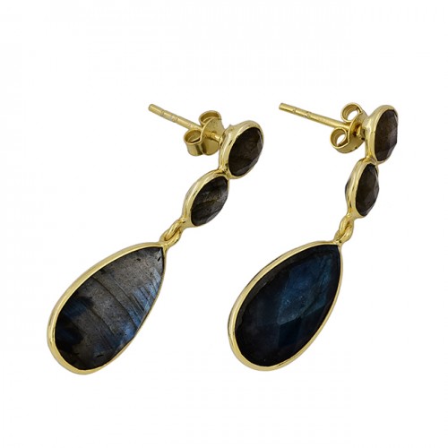 925 Sterling Silver Labradorite Gemstone Gold Plated Stud Dangle Earrings