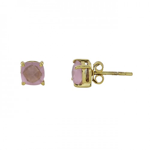 Rose Chalcedony Cushion Shape Gemstone 925 Silver Gold Plated Stud Earrings