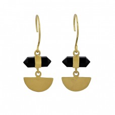 Pencil Shape Black Onyx Gemstone 925 Sterling Silver Gold Plated Dangle Earrings