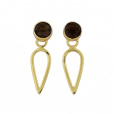 Round Shape Smoky Quartz Gemstone 925 Sterling Silver Gold Plated Stud Earrings