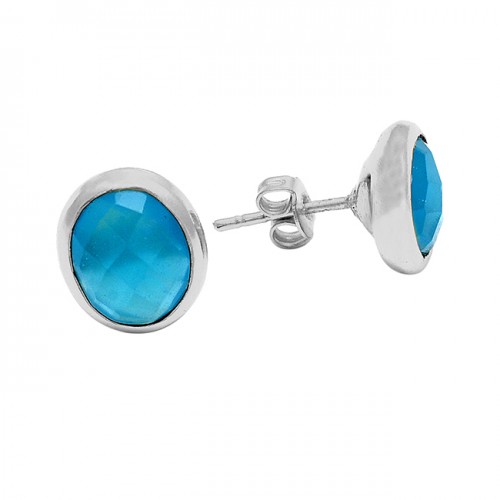 Briolette Oval Blue Chalcedony Gemstone 925 Sterling Silver Gold Plated Stud Earrings 