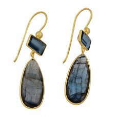 925 Sterling Silver Labradorite Blue Topaz Gemstone Gold Plated Earrings