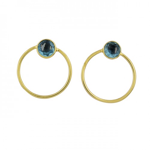 925 Sterling Silver Round Shape Blue Topaz Gemstone Gold Plated Stud Earrings