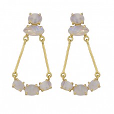 925 Sterling Silver Rainbow Moonstone Gold Plated Dangle Stud Earrings