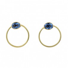 Oval Shape Blue Topaz Gemstone 925 Sterling Silver Gold Plated Stud Earrings