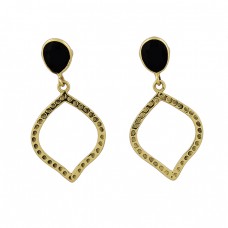 Black Onyx Oval Shape Gemstone 925 Sterling Silver Gold Plated Stud Earrings