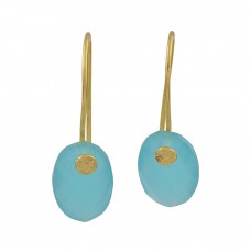 Oval Shape Aqua Chalcedony Gemstone 925 Sterling Silver Gold Plated Earrings