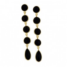 925 Sterling Silver Black Onyx Gemstone Gold Plated Dangle Stud Earrings