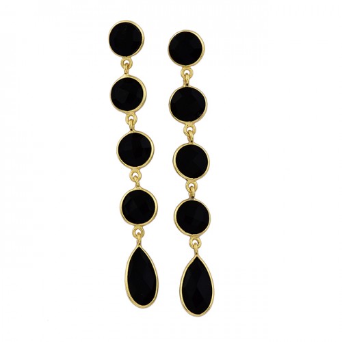 925 Sterling Silver Black Onyx Gemstone Gold Plated Dangle Stud Earrings