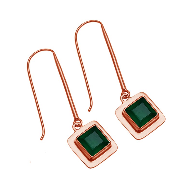 Square Shape Green Onyx Gemstone 925 Sterling Silver Gold Plated Dangle Earrings 
