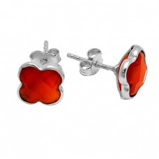 Briolette Carved Flower Carnelian Gemstone 925  Sterling Silver Gold Plated Stud Earrings