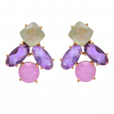 Prong Setting Chalcedony Amethyst Gemstone 925 Sterling Silver Gold Plated Earrings