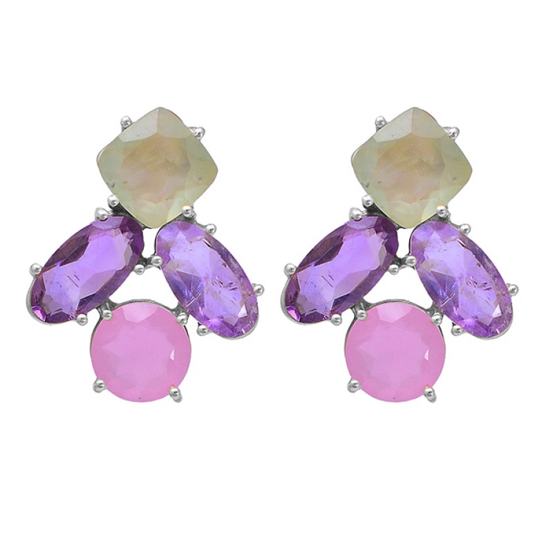 Prong Setting Chalcedony Amethyst Gemstone 925 Sterling Silver Gold Plated Earrings