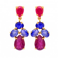 925 Sterling Silver Ruby Sapphire Gemstone Gold Plated Stud Dangle Earrings