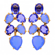 Tanzanite Quartz Blue Chalcedony Gemstone 925 Sterling Silver Gold Plated Earrings