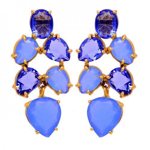 Tanzanite Quartz Blue Chalcedony Gemstone 925 Sterling Silver Gold Plated Earrings