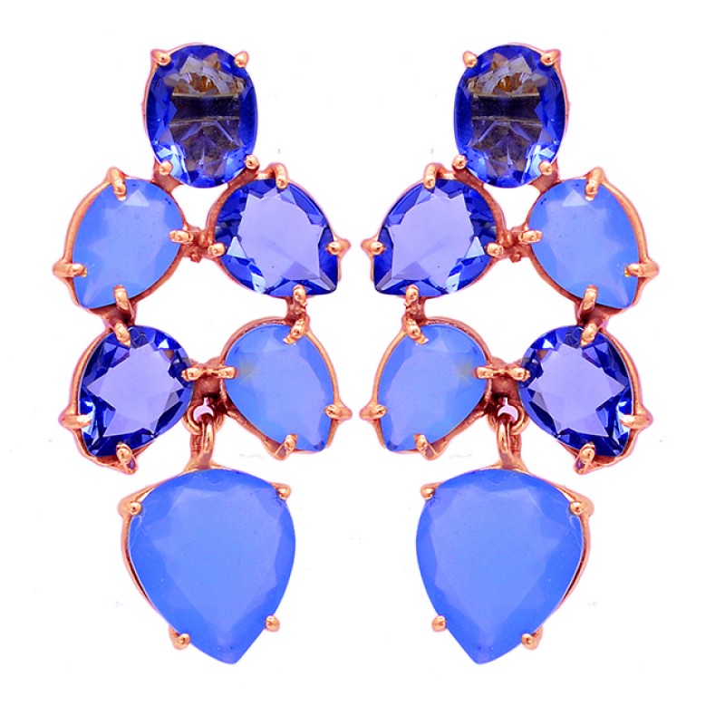 Tanzanite Quartz Blue Chalcedony Gemstone 925 Sterling Silver Gold Plated Earrings