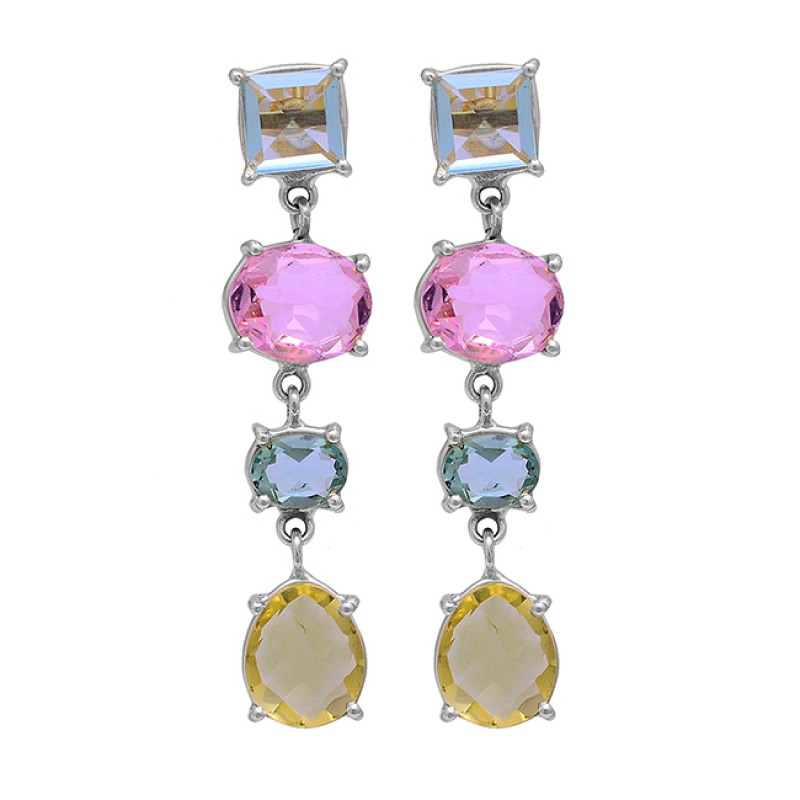 Topaz Pink Quartz Citrine Gemstone 925 Sterling Silver Gold Plated Stud Earrings