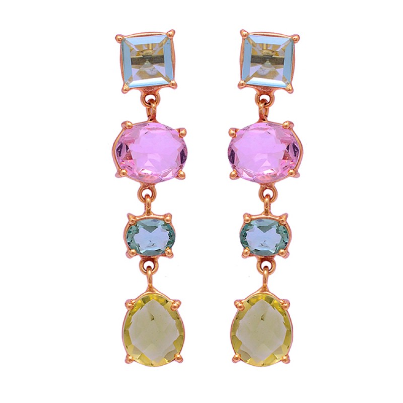 Topaz Pink Quartz Citrine Gemstone 925 Sterling Silver Gold Plated Stud Earrings