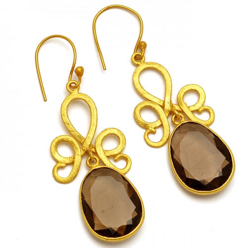 925 Sterling Silver Oval Shape Smoky Quartz Gemstone Gold Plated Dangle Earrings
