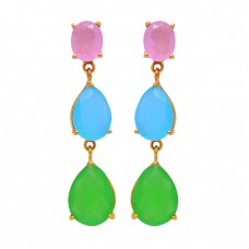 Rose Aqua Prehnite Color Chalcedony Gemstone 925 Silver Gold Plated Earrings