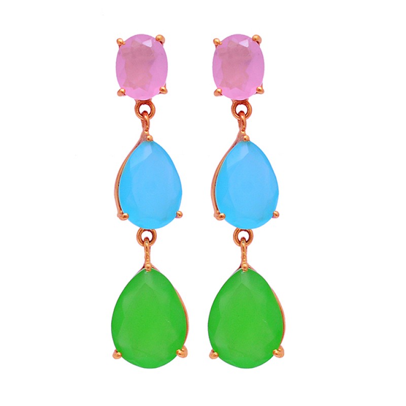 Rose Aqua Prehnite Color Chalcedony Gemstone 925 Silver Gold Plated Earrings