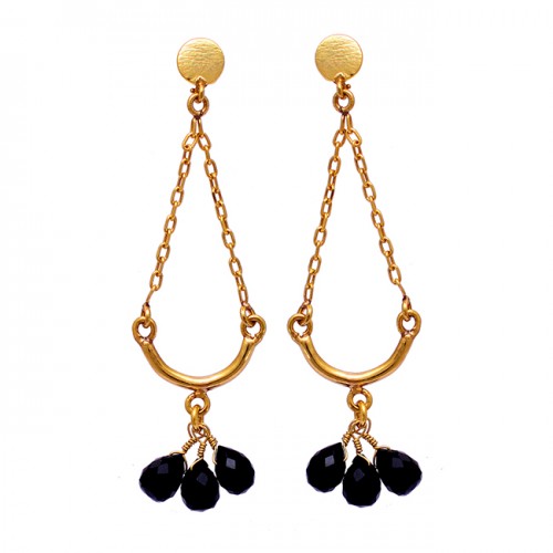 Pear Drops Black Onyx Gemstone 925 Sterling Silver Gold Plated Stud Earrings