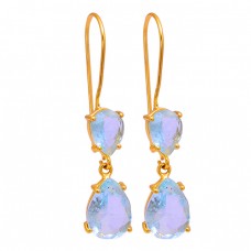 Blue Topaz Pear Shape Gemstone 925 Sterling Silver Gold Plated Earrings