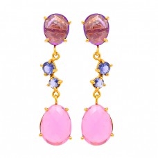 Amethyst Tanzanite Chalcedony Gemstone 925 Silver Gold Plated Stud Earrigns