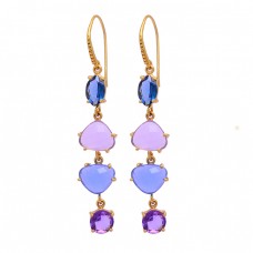 Amethyst Tanzanite Quartz Chalcedony Gemstone 925 Silver Gold Plated Earrings