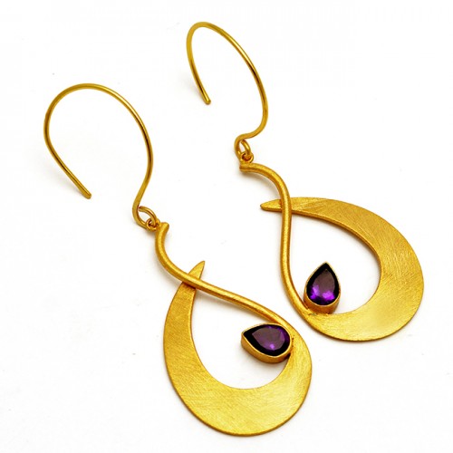 925 Sterling Silver Purple Amethyst Gemstone Gold Plated Handcrafted Dangle Earrings