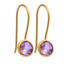 Round Shape Amethyst Gemstone 925 Sterling Silver Gold Plated Fixed Ear Wire Earrings