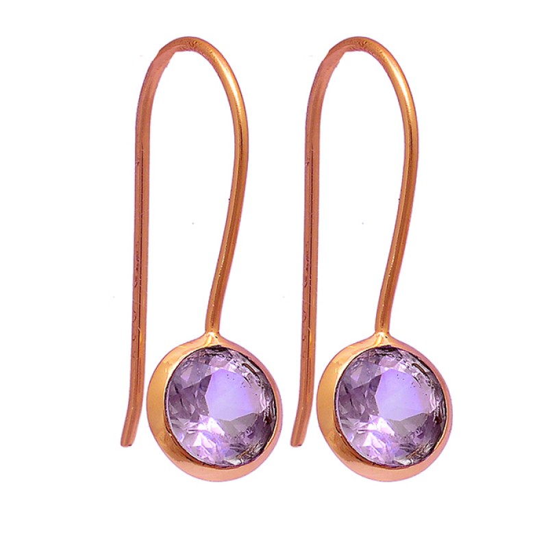 Round Shape Amethyst Gemstone 925 Sterling Silver Gold Plated Fixed Ear Wire Earrings