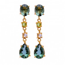 Green Amethyst Peridot Crystal Gemstone 925 Silver Gold Plated Stud Earrings