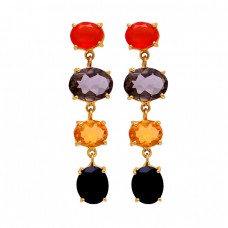 Carnelian Smoky Quartz Citrine Onyx Gemstone Gold Plated Stud Dangle Earrings