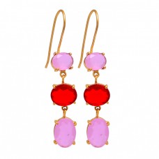 Rose Chalcedony Tourmaline Quartz Gemstone 925 Silver Gold Plated Earrings