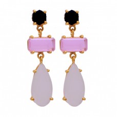 925 Sterling Silver Chalcedony Quartz Gemstone Gold Plated Stud Dangle Earrings