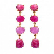 925 Sterling Silver Oval Shape Ruby Gemstone Gold Plated Stud Dangle Earrings