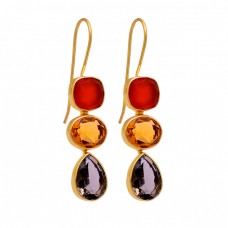 Carnelian Citrine Smoky Quartz Gemstone 925 Sterling Silver Gold Plated Earrings