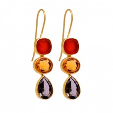 Carnelian Citrine Smoky Quartz Gemstone 925 Sterling Silver Gold Plated Earrings