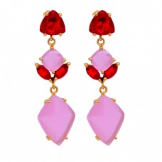925 Sterling Silver Ruby Quartz Chalcedony Gemstone Gold Plated Stud Earrings