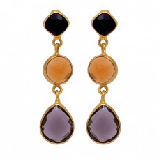 Citrine Onyx Smoky Quartz Gemstone 925 Sterling Silver Gold Plated Earrings