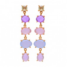 Amethyst Moonstone Chalcedony Gemstone 925 Silver Gold Plated Stud Earrings